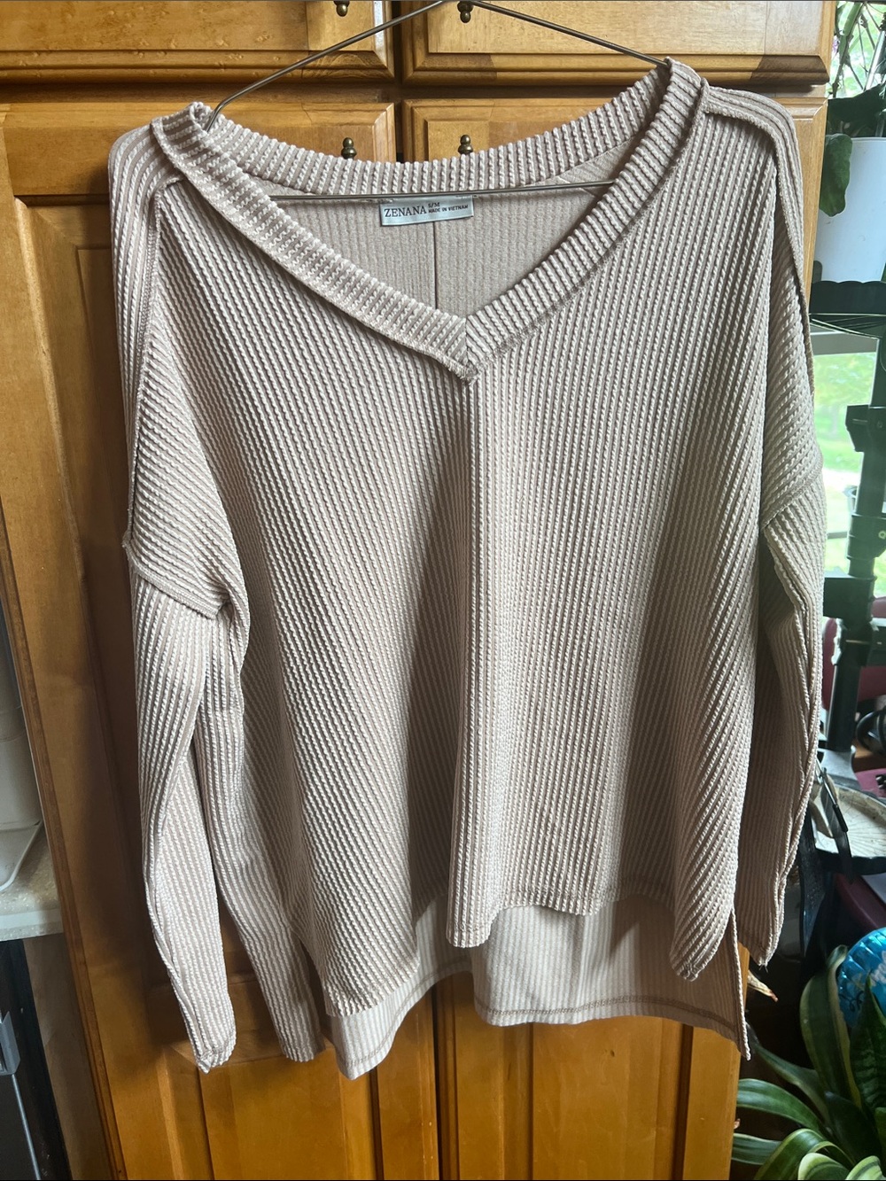 Zenana Outfitters Beige Ribbed V-Neck Long Sleeve Top